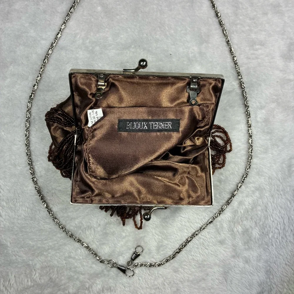 Bijoux Terner Brown Beaded Fringe Satin Evening Bag Clutch Silver Chain Strap